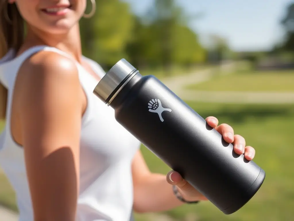 A person drinking from Hydro Flask Water Bottle after a workout. The image should highlight the bottle's sleek design and its ability to keep drinks cold for hours.