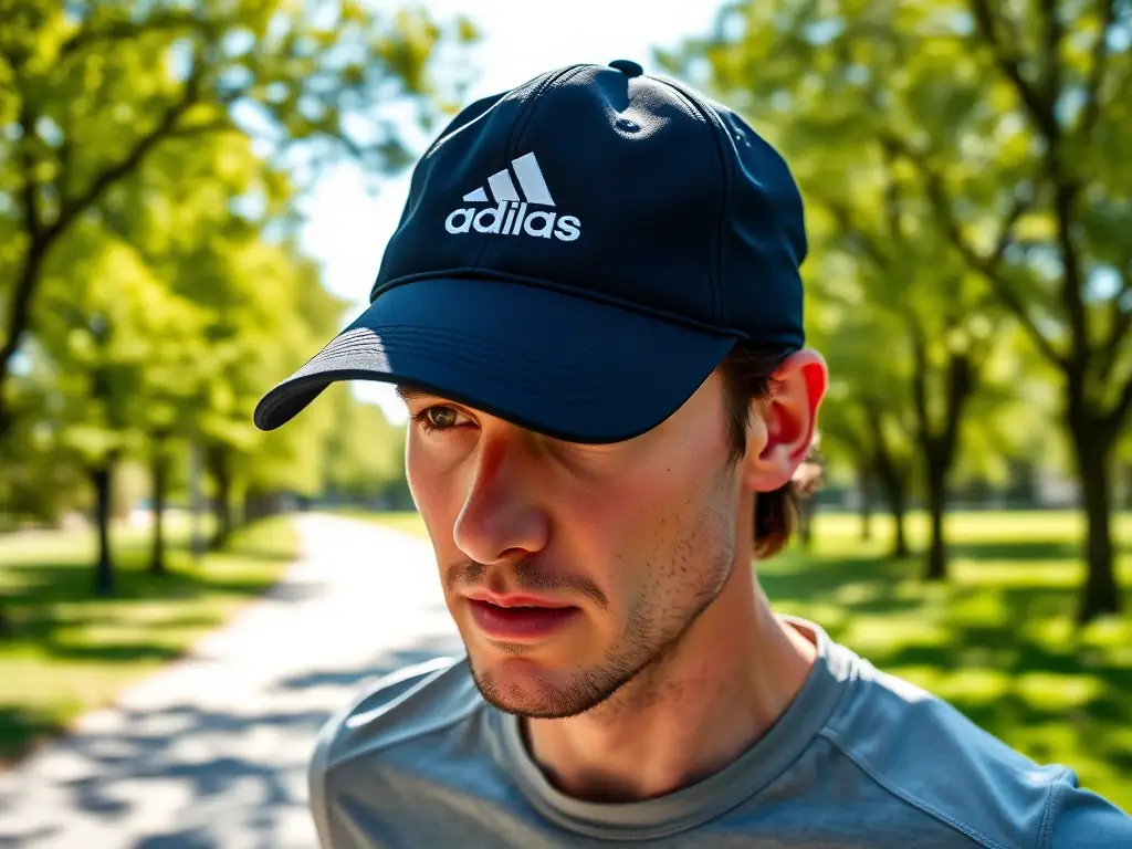 A person wearing Adidas sports cap, running on a sunny day. The image should convey a sense of freedom and activity, showcasing the cap's comfort and sun protection.